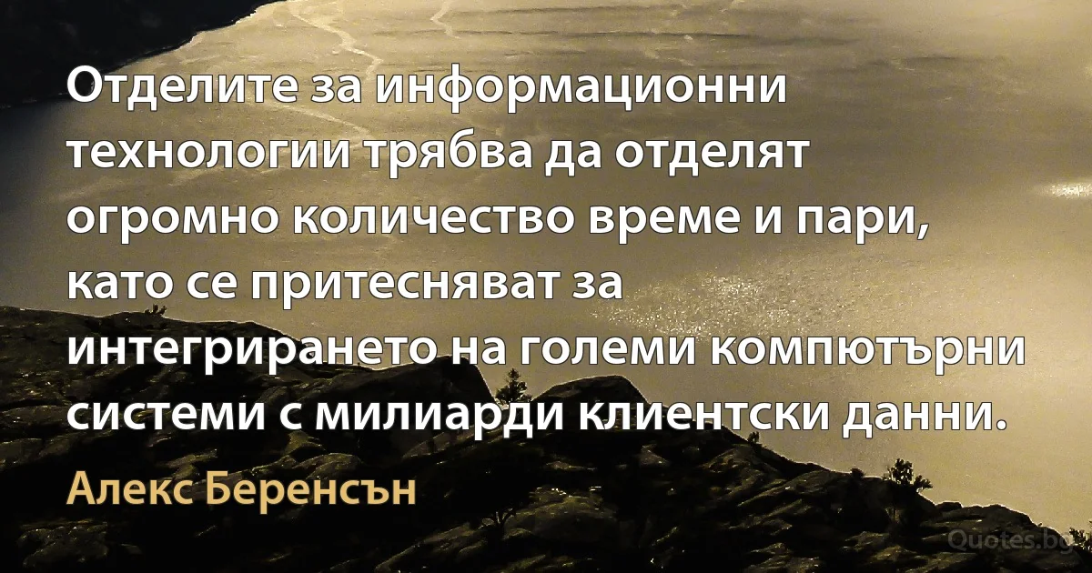 Отделите за информационни технологии трябва да отделят огромно количество време и пари, като се притесняват за интегрирането на големи компютърни системи с милиарди клиентски данни. (Алекс Беренсън)