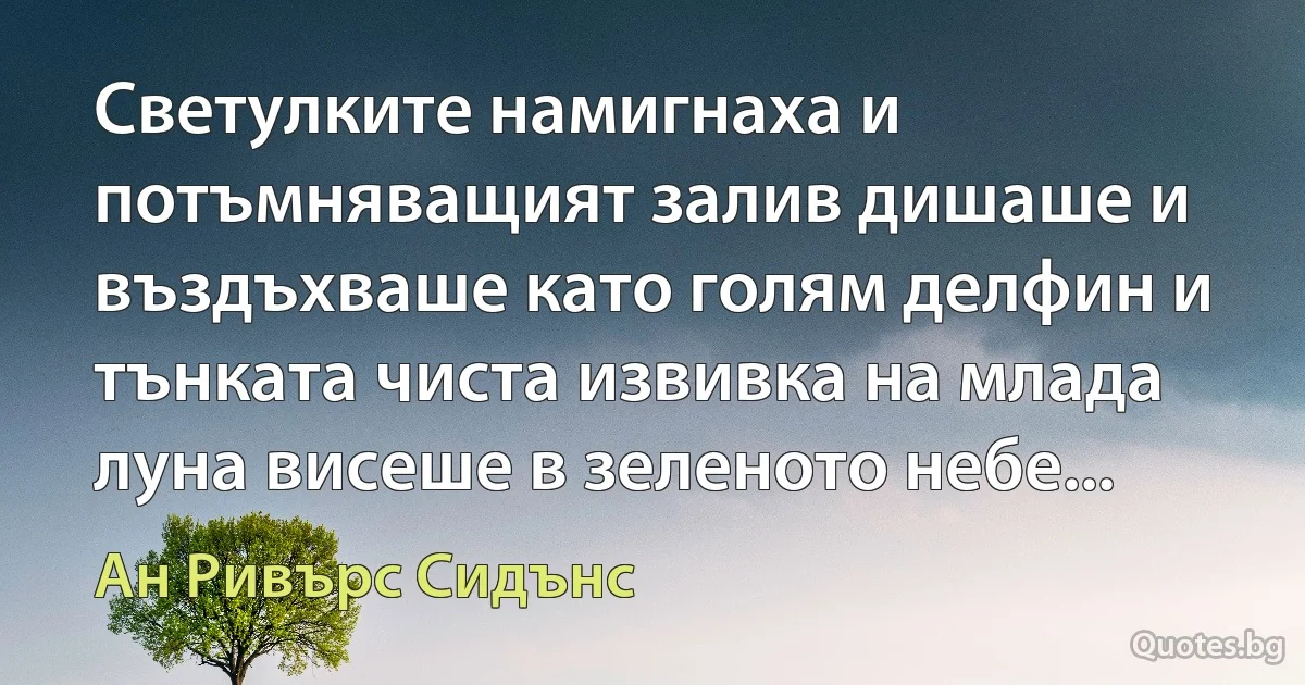 Светулките намигнаха и потъмняващият залив дишаше и въздъхваше като голям делфин и тънката чиста извивка на млада луна висеше в зеленото небе... (Ан Ривърс Сидънс)