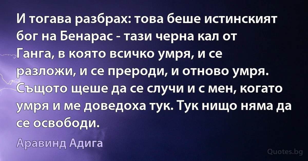 И тогава разбрах: това беше истинският бог на Бенарас - тази черна кал от Ганга, в която всичко умря, и се разложи, и се прероди, и отново умря. Същото щеше да се случи и с мен, когато умря и ме доведоха тук. Тук нищо няма да се освободи. (Аравинд Адига)