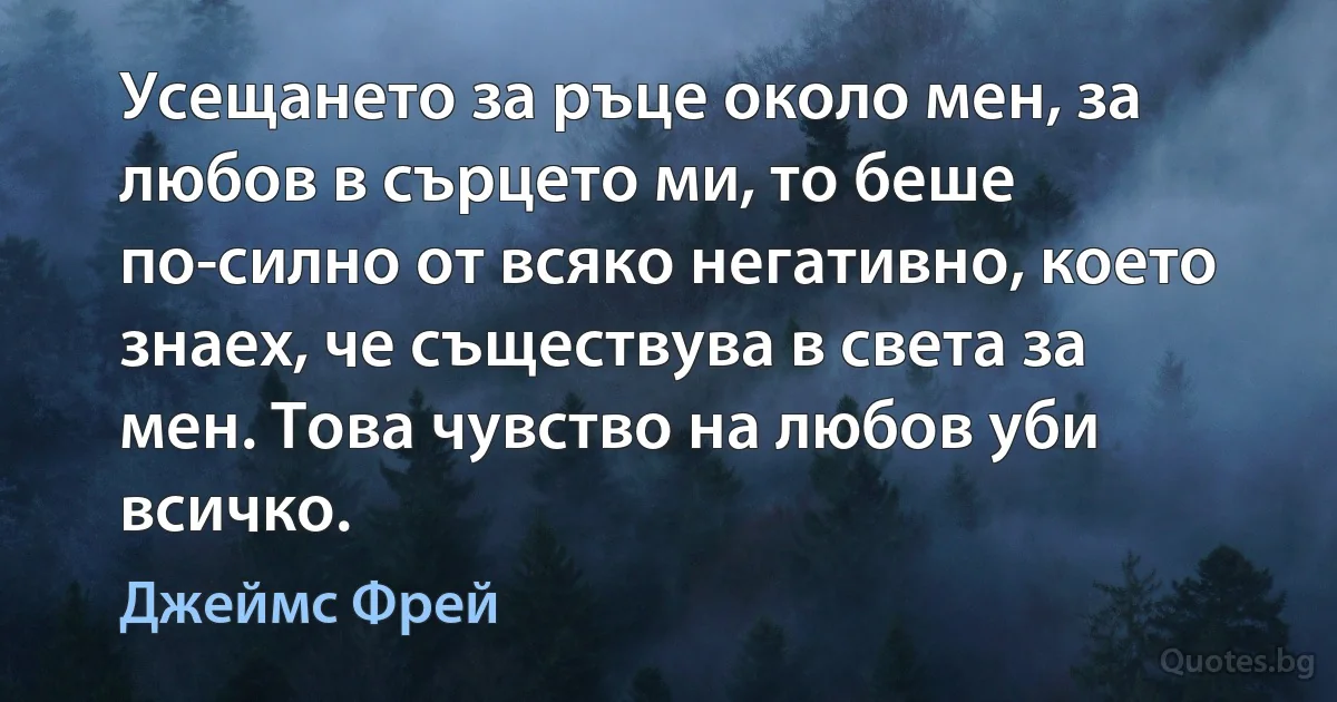 Усещането за ръце около мен, за любов в сърцето ми, то беше по-силно от всяко негативно, което знаех, че съществува в света за мен. Това чувство на любов уби всичко. (Джеймс Фрей)