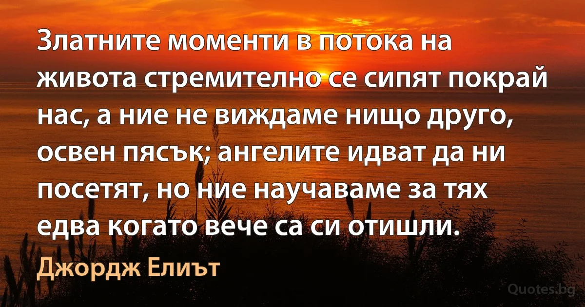 Златните моменти в потока на живота стремително се сипят покрай нас, а ние не виждаме нищо друго, освен пясък; ангелите идват да ни посетят, но ние научаваме за тях едва когато вече са си отишли. (Джордж Елиът)