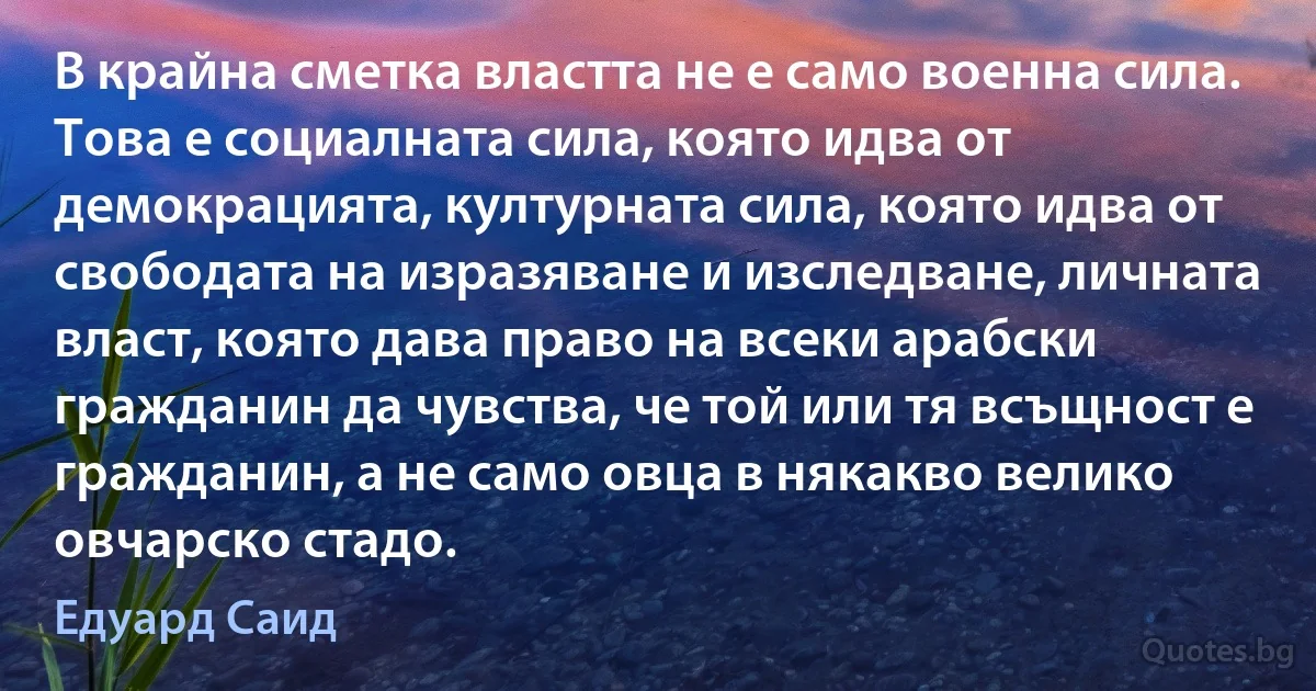 В крайна сметка властта не е само военна сила. Това е социалната сила, която идва от демокрацията, културната сила, която идва от свободата на изразяване и изследване, личната власт, която дава право на всеки арабски гражданин да чувства, че той или тя всъщност е гражданин, а не само овца в някакво велико овчарско стадо. (Едуард Саид)