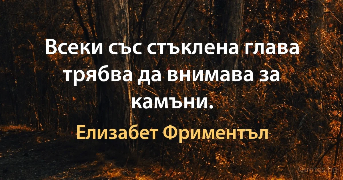 Всеки със стъклена глава трябва да внимава за камъни. (Елизабет Фриментъл)