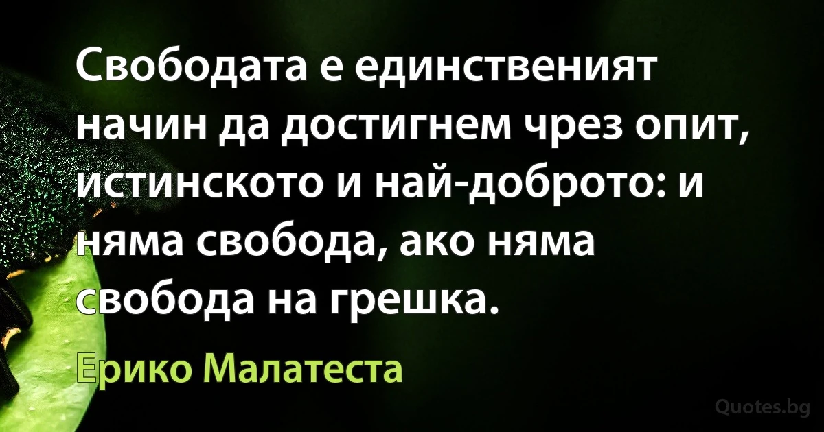 Свободата е единственият начин да достигнем чрез опит, истинското и най-доброто: и няма свобода, ако няма свобода на грешка. (Ерико Малатеста)