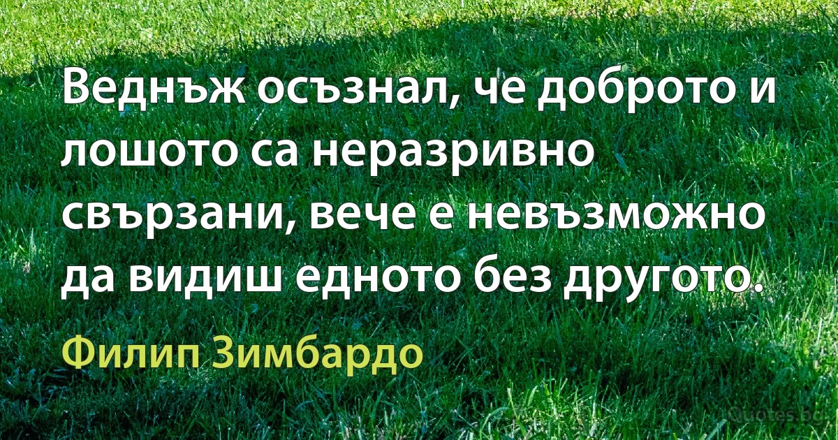 Веднъж осъзнал, че доброто и лошото са неразривно свързани, вече е невъзможно да видиш едното без другото. (Филип Зимбардо)