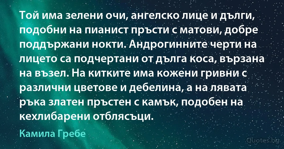 Той има зелени очи, ангелско лице и дълги, подобни на пианист пръсти с матови, добре поддържани нокти. Андрогинните черти на лицето са подчертани от дълга коса, вързана на възел. На китките има кожени гривни с различни цветове и дебелина, а на лявата ръка златен пръстен с камък, подобен на кехлибарени отблясъци. (Камила Гребе)