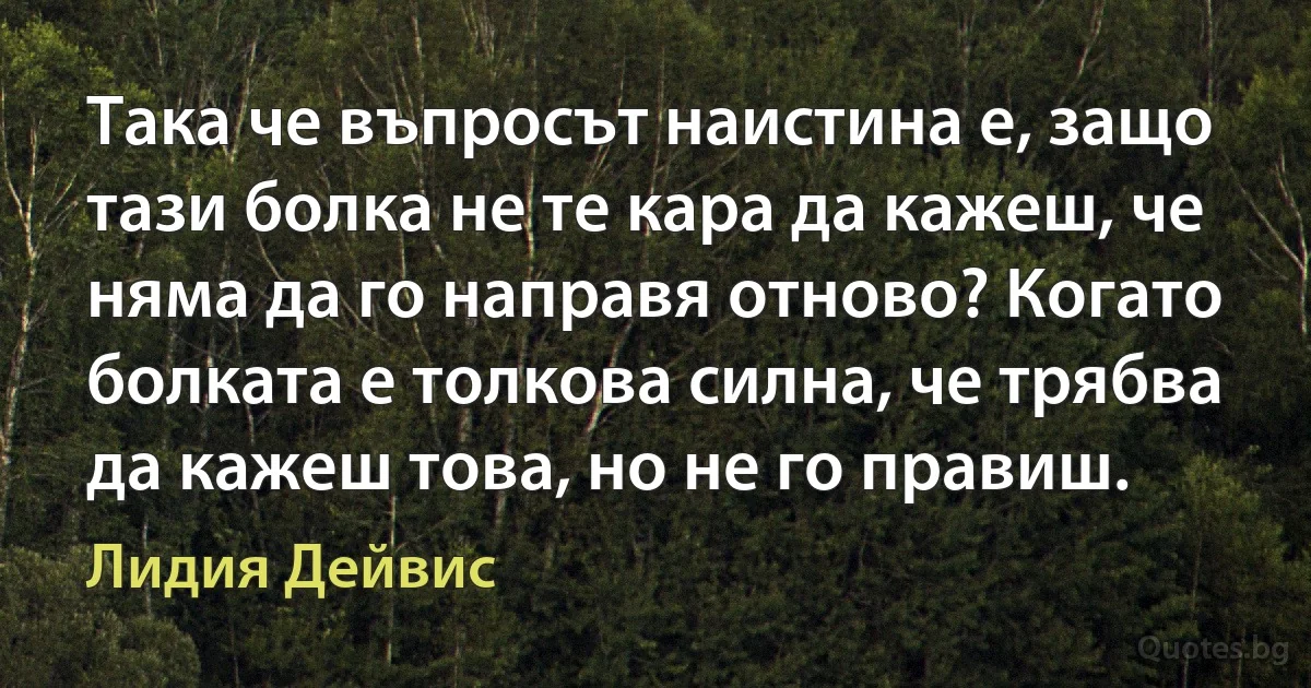 Така че въпросът наистина е, защо тази болка не те кара да кажеш, че няма да го направя отново? Когато болката е толкова силна, че трябва да кажеш това, но не го правиш. (Лидия Дейвис)