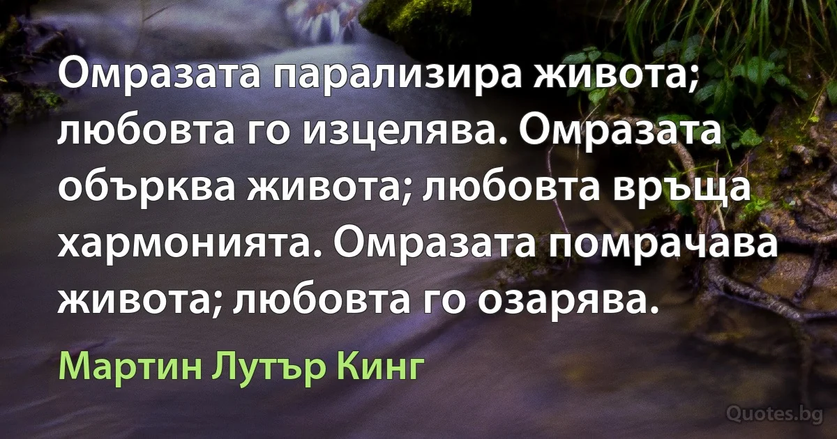 Омразата парализира живота; любовта го изцелява. Омразата обърква живота; любовта връща хармонията. Омразата помрачава живота; любовта го озарява. (Мартин Лутър Кинг)