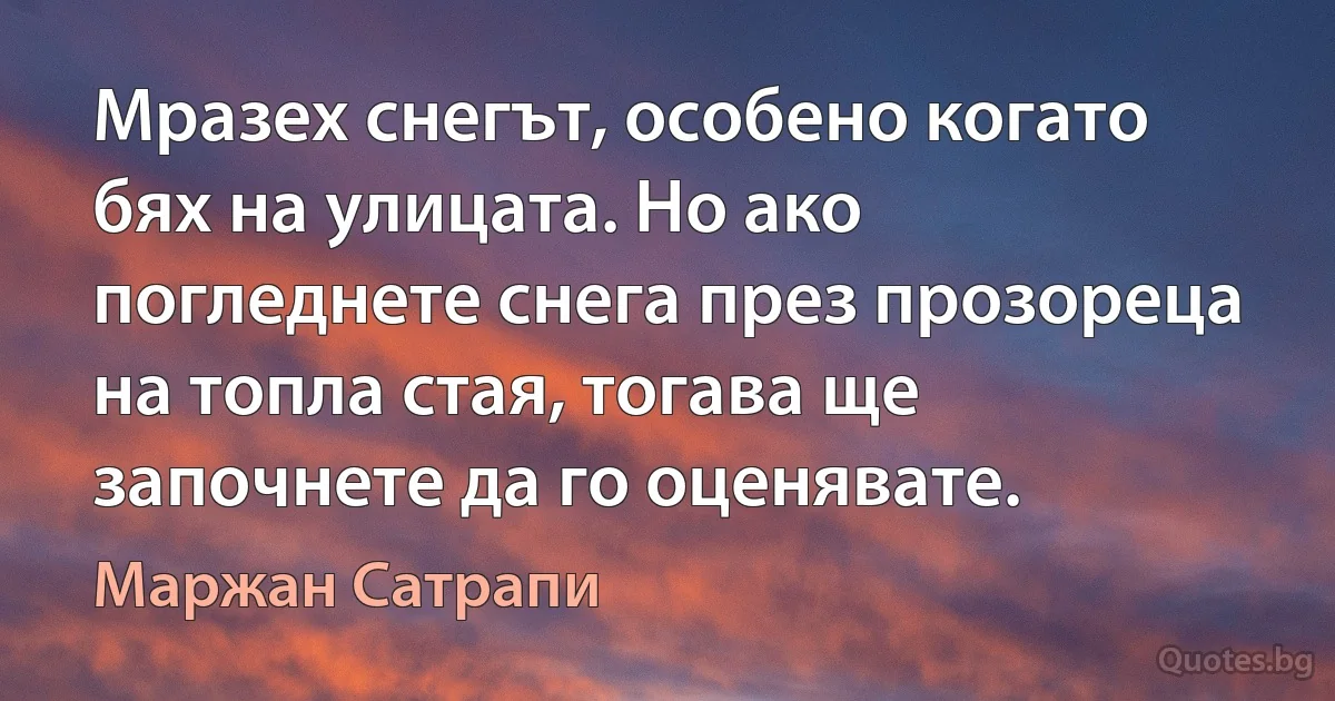 Мразех снегът, особено когато бях на улицата. Но ако погледнете снега през прозореца на топла стая, тогава ще започнете да го оценявате. (Маржан Сатрапи)