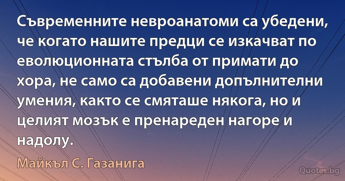 Съвременните невроанатоми са убедени, че когато нашите предци се изкачват по еволюционната стълба от примати до хора, не само са добавени допълнителни умения, както се смяташе някога, но и целият мозък е пренареден нагоре и надолу. (Майкъл С. Газанига)