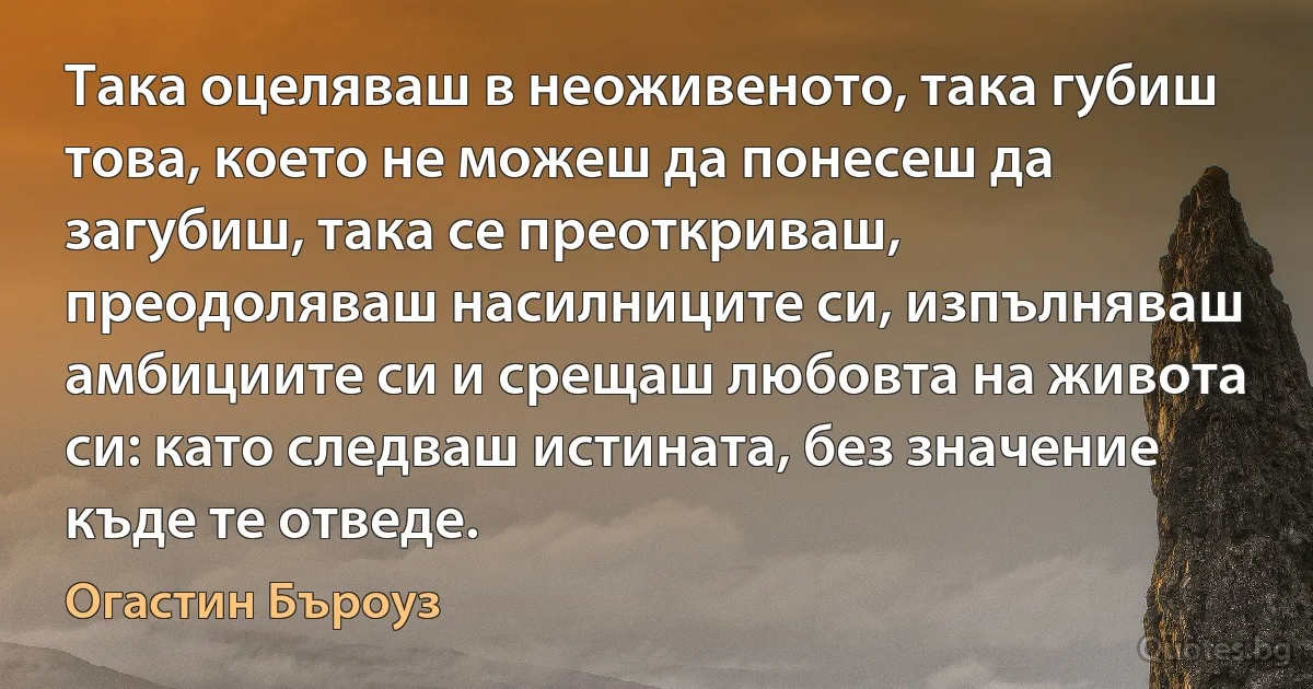 Така оцеляваш в неоживеното, така губиш това, което не можеш да понесеш да загубиш, така се преоткриваш, преодоляваш насилниците си, изпълняваш амбициите си и срещаш любовта на живота си: като следваш истината, без значение къде те отведе. (Огастин Бъроуз)