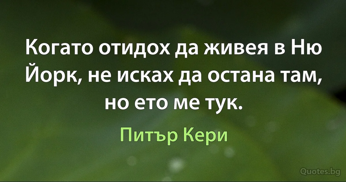 Когато отидох да живея в Ню Йорк, не исках да остана там, но ето ме тук. (Питър Кери)