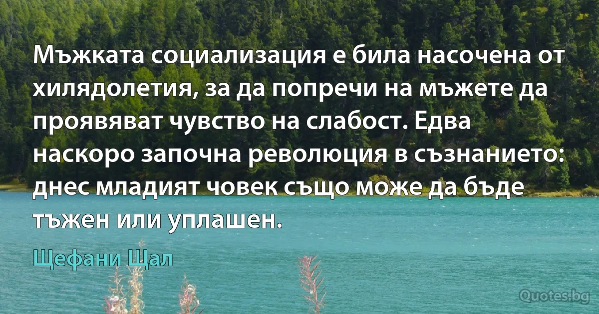 Мъжката социализация е била насочена от хилядолетия, за да попречи на мъжете да проявяват чувство на слабост. Едва наскоро започна революция в съзнанието: днес младият човек също може да бъде тъжен или уплашен. (Щефани Щал)