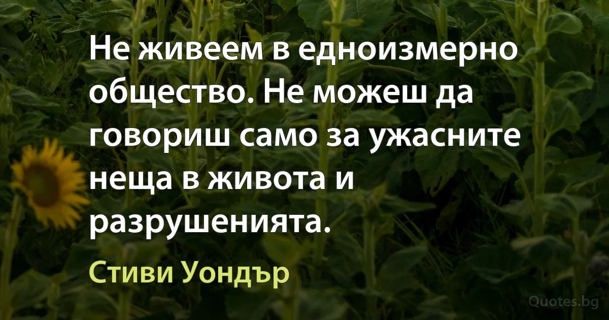 Не живеем в едноизмерно общество. Не можеш да говориш само за ужасните неща в живота и разрушенията. (Стиви Уондър)