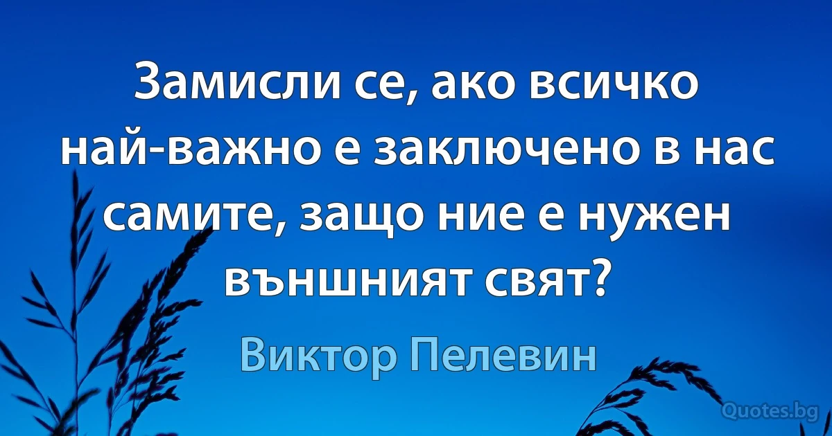 Замисли се, ако всичко най-важно е заключено в нас самите, защо ние е нужен външният свят? (Виктор Пелевин)