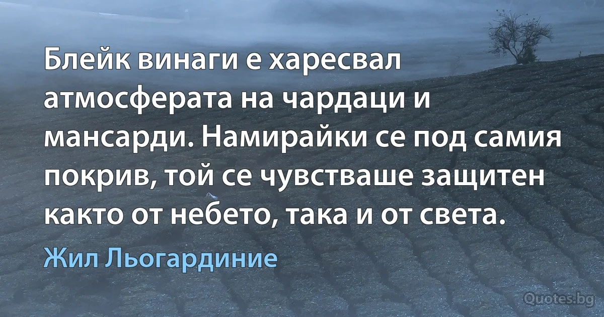 Блейк винаги е харесвал атмосферата на чардаци и мансарди. Намирайки се под самия покрив, той се чувстваше защитен както от небето, така и от света. (Жил Льогардиние)