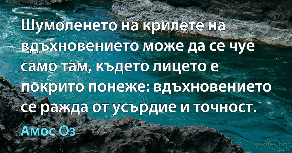 Шумоленето на крилете на вдъхновението може да се чуе само там, където лицето е покрито понеже: вдъхновението се ражда от усърдие и точност. (Амос Оз)