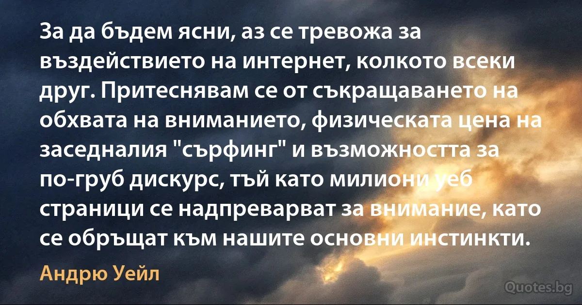 За да бъдем ясни, аз се тревожа за въздействието на интернет, колкото всеки друг. Притеснявам се от съкращаването на обхвата на вниманието, физическата цена на заседналия "сърфинг" и възможността за по-груб дискурс, тъй като милиони уеб страници се надпреварват за внимание, като се обръщат към нашите основни инстинкти. (Андрю Уейл)