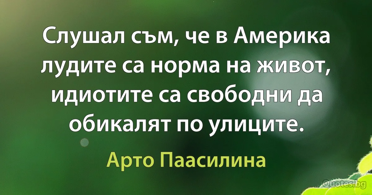 Слушал съм, че в Америка лудите са норма на живот, идиотите са свободни да обикалят по улиците. (Арто Паасилина)