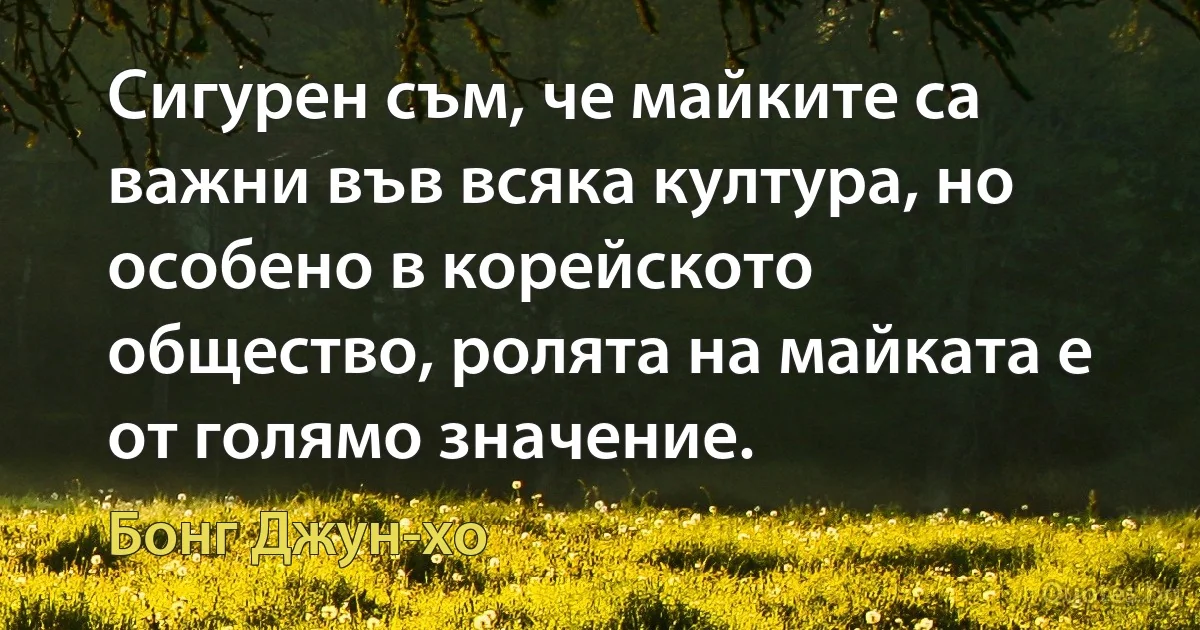 Сигурен съм, че майките са важни във всяка култура, но особено в корейското общество, ролята на майката е от голямо значение. (Бонг Джун-хо)