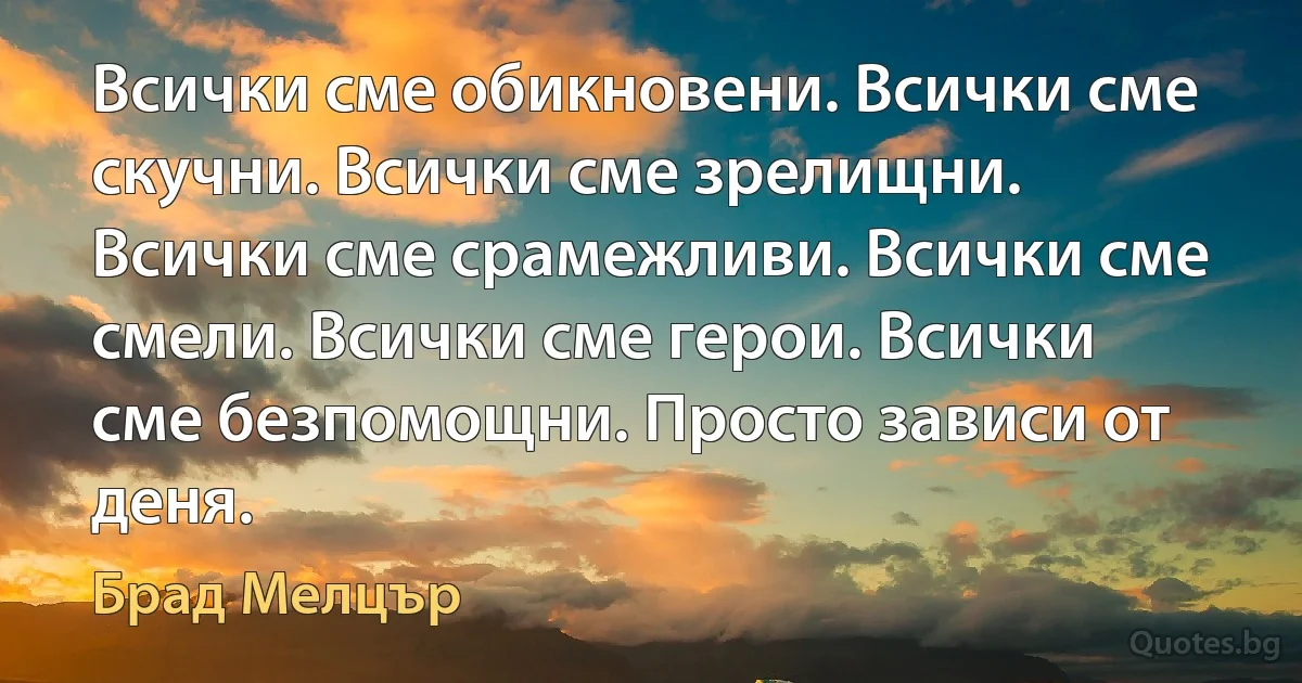 Всички сме обикновени. Всички сме скучни. Всички сме зрелищни. Всички сме срамежливи. Всички сме смели. Всички сме герои. Всички сме безпомощни. Просто зависи от деня. (Брад Мелцър)