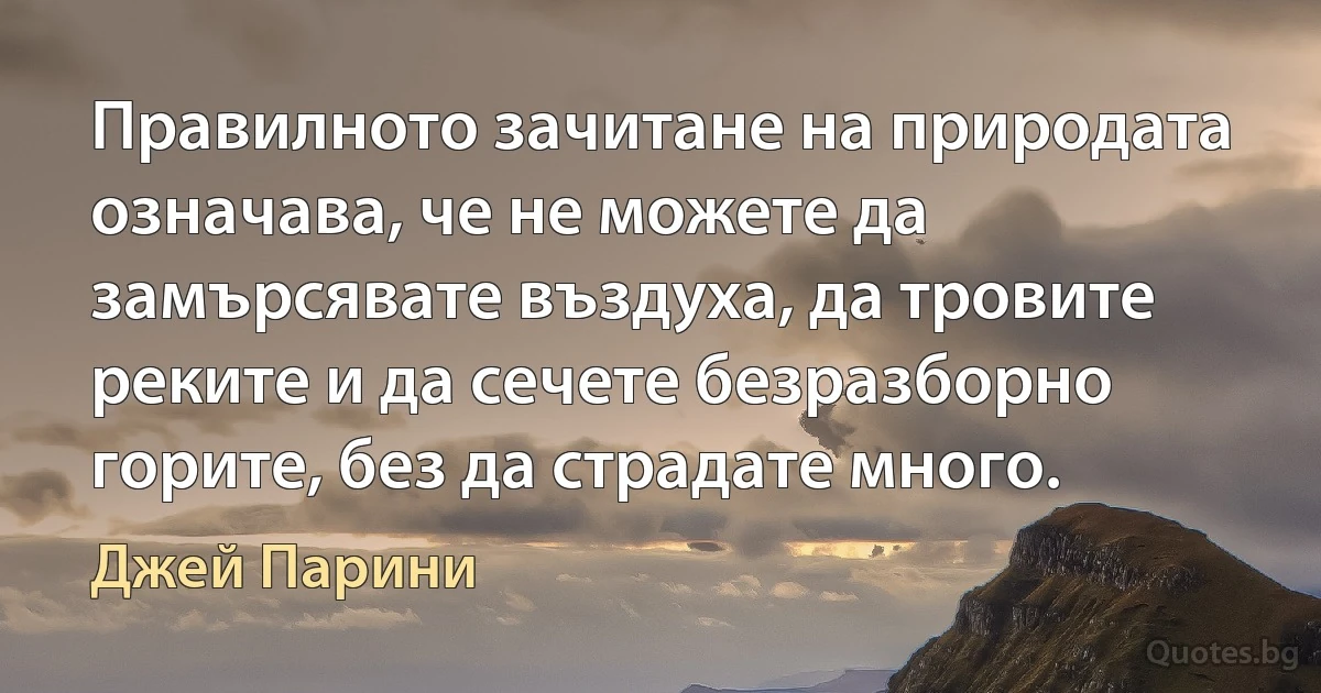 Правилното зачитане на природата означава, че не можете да замърсявате въздуха, да тровите реките и да сечете безразборно горите, без да страдате много. (Джей Парини)