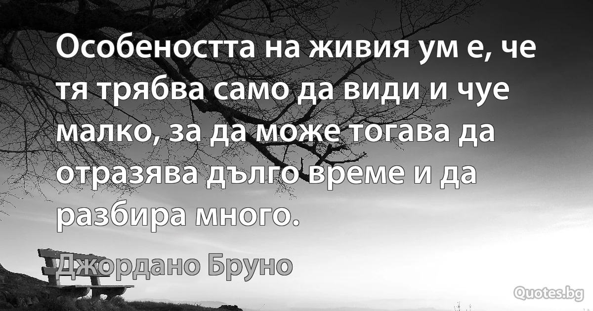 Особеността на живия ум е, че тя трябва само да види и чуе малко, за да може тогава да отразява дълго време и да разбира много. (Джордано Бруно)