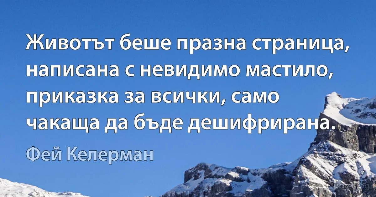 Животът беше празна страница, написана с невидимо мастило, приказка за всички, само чакаща да бъде дешифрирана. (Фей Келерман)