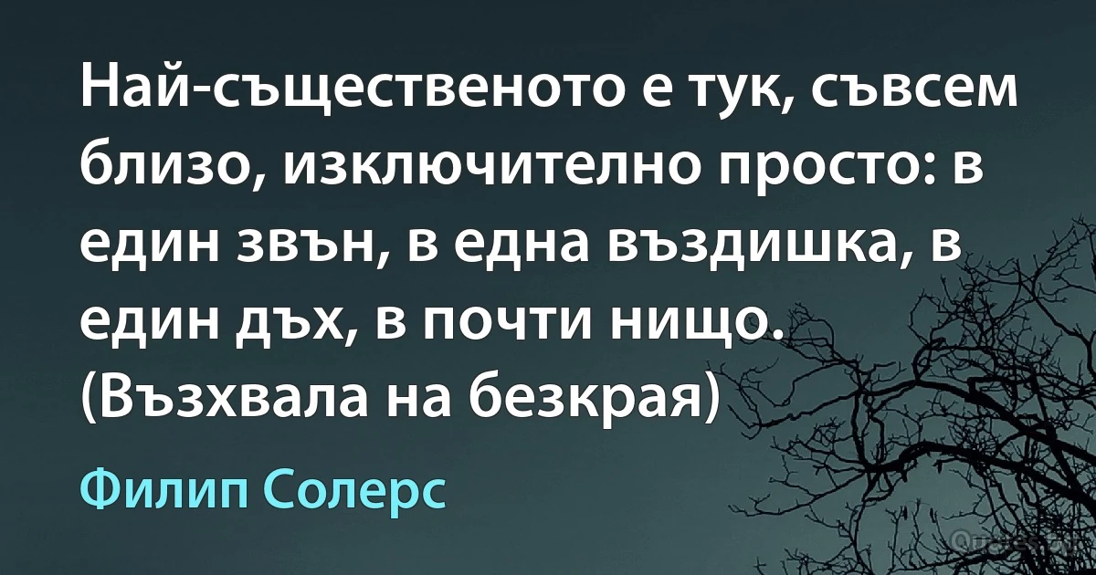 Най-същественото е тук, съвсем близо, изключително просто: в един звън, в една въздишка, в един дъх, в почти нищо. (Възхвала на безкрая) (Филип Солерс)