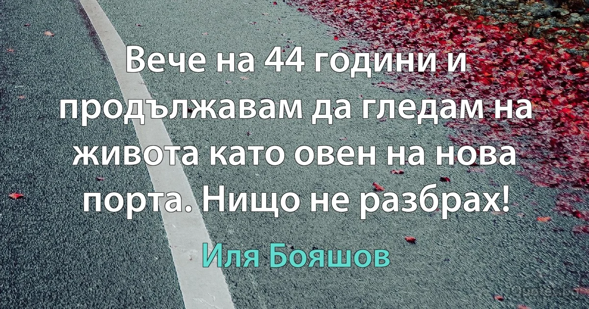 Вече на 44 години и продължавам да гледам на живота като овен на нова порта. Нищо не разбрах! (Иля Бояшов)