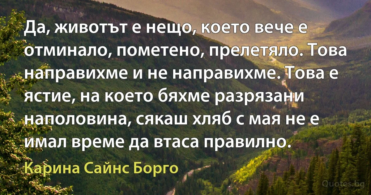 Да, животът е нещо, което вече е отминало, пометено, прелетяло. Това направихме и не направихме. Това е ястие, на което бяхме разрязани наполовина, сякаш хляб с мая не е имал време да втаса правилно. (Карина Сайнс Борго)