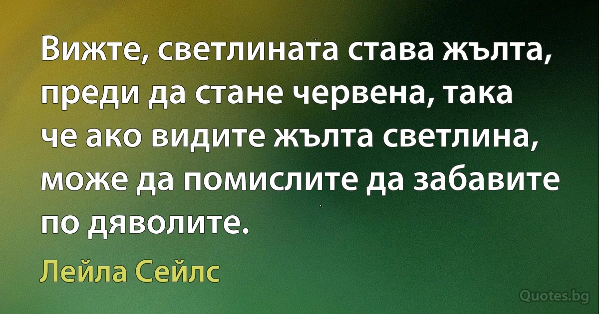 Вижте, светлината става жълта, преди да стане червена, така че ако видите жълта светлина, може да помислите да забавите по дяволите. (Лейла Сейлс)