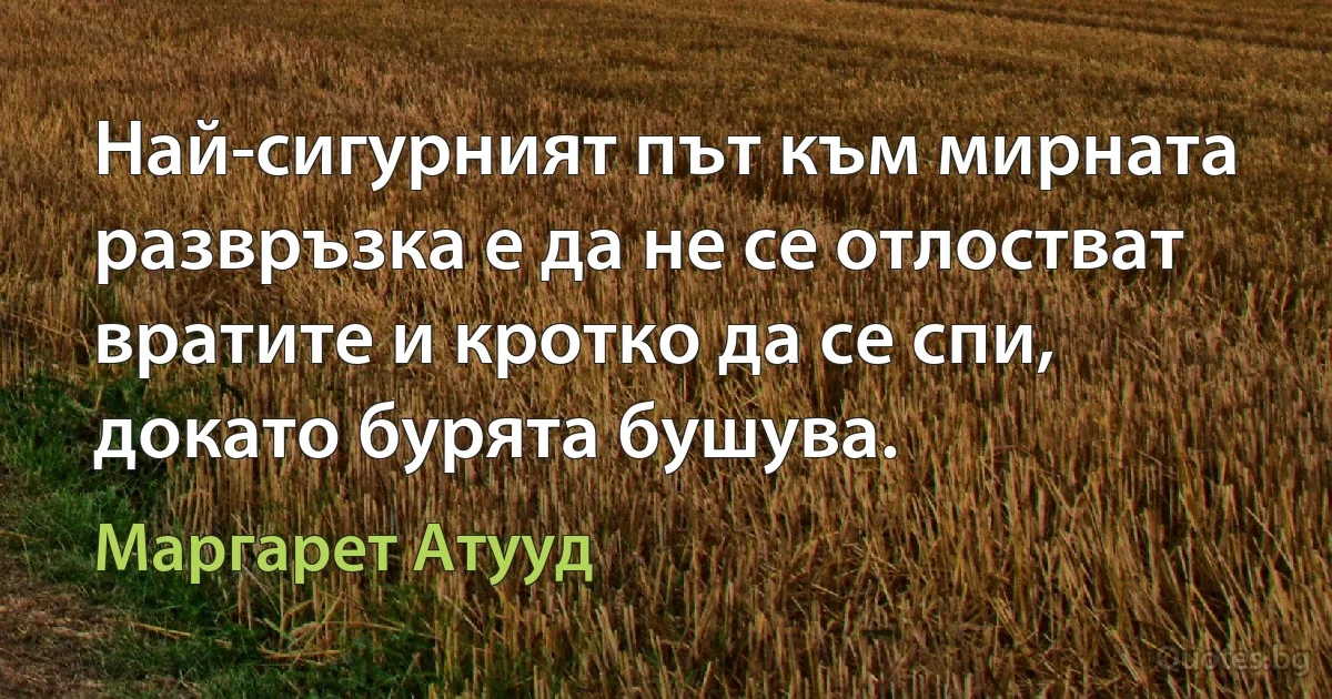 Най-сигурният път към мирната развръзка е да не се отлостват вратите и кротко да се спи, докато бурята бушува. (Маргарет Атууд)