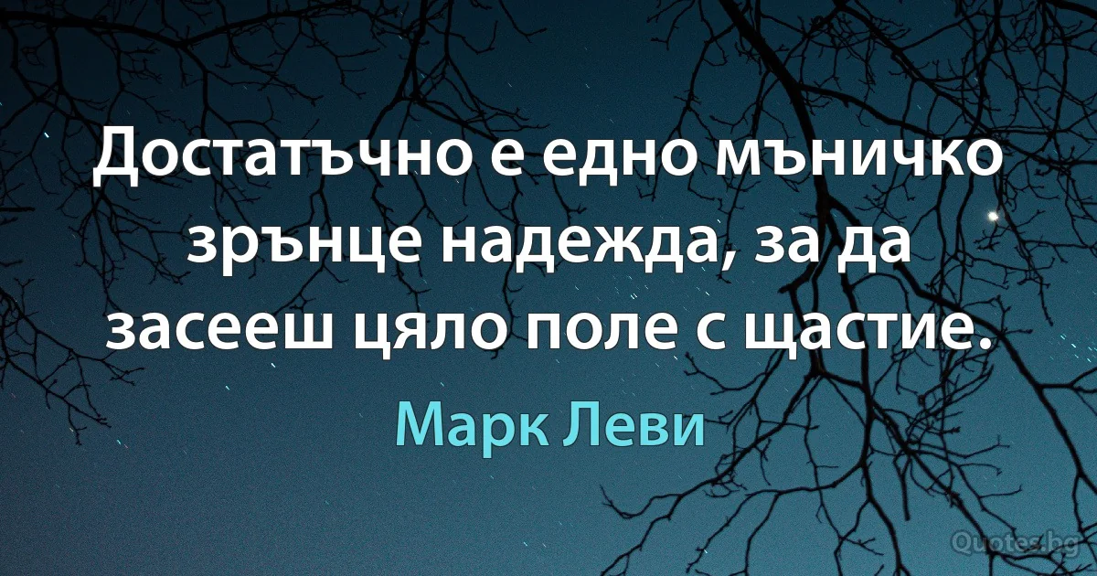 Достатъчно е едно мъничко зрънце надежда, за да засееш цяло поле с щастие. (Марк Леви)