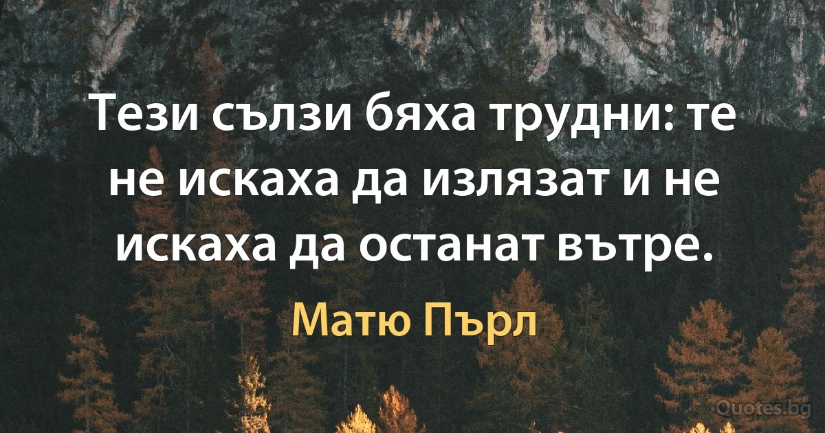 Тези сълзи бяха трудни: те не искаха да излязат и не искаха да останат вътре. (Матю Пърл)