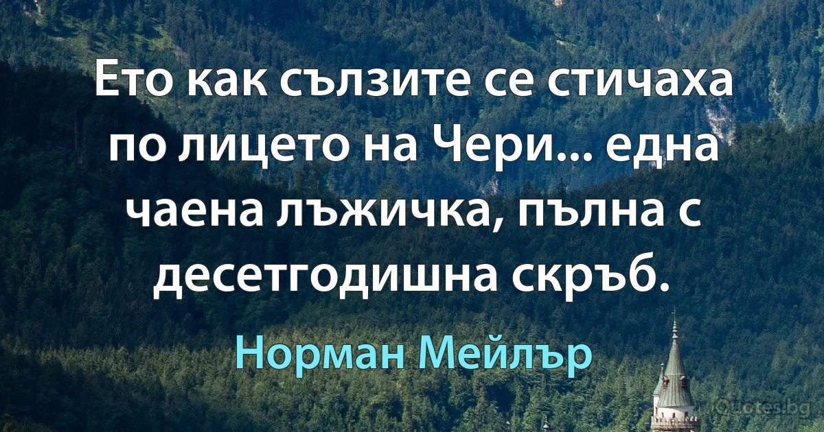 Ето как сълзите се стичаха по лицето на Чери... една чаена лъжичка, пълна с десетгодишна скръб. (Норман Мейлър)