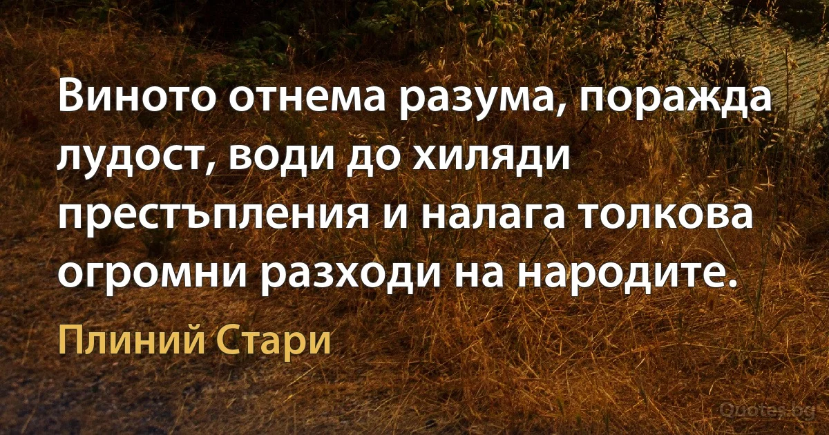 Виното отнема разума, поражда лудост, води до хиляди престъпления и налага толкова огромни разходи на народите. (Плиний Стари)