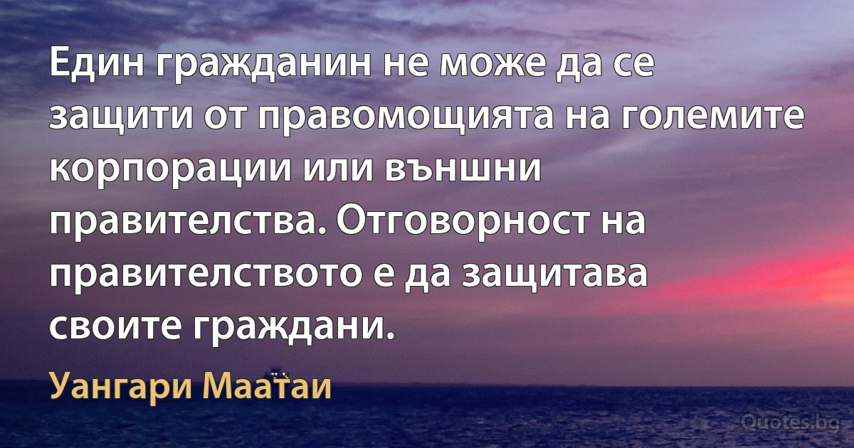 Един гражданин не може да се защити от правомощията на големите корпорации или външни правителства. Отговорност на правителството е да защитава своите граждани. (Уангари Маатаи)