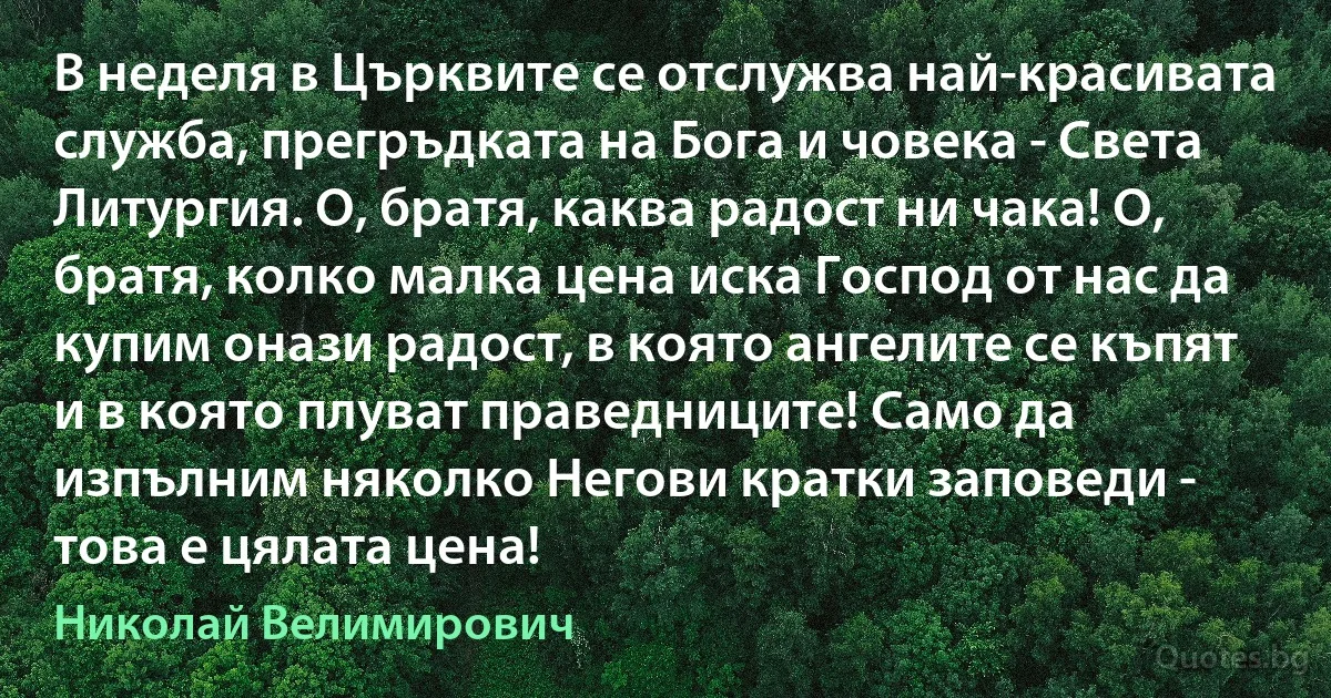 В неделя в Църквите се отслужва най-красивата служба, прегръдката на Бога и човека - Света Литургия. О, братя, каква радост ни чака! О, братя, колко малка цена иска Господ от нас да купим онази радост, в която ангелите се къпят и в която плуват праведниците! Само да изпълним няколко Негови кратки заповеди - това е цялата цена! (Николай Велимирович)
