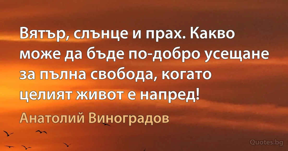 Вятър, слънце и прах. Какво може да бъде по-добро усещане за пълна свобода, когато целият живот е напред! (Анатолий Виноградов)