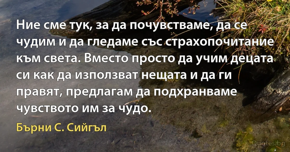 Ние сме тук, за да почувстваме, да се чудим и да гледаме със страхопочитание към света. Вместо просто да учим децата си как да използват нещата и да ги правят, предлагам да подхранваме чувството им за чудо. (Бърни С. Сийгъл)