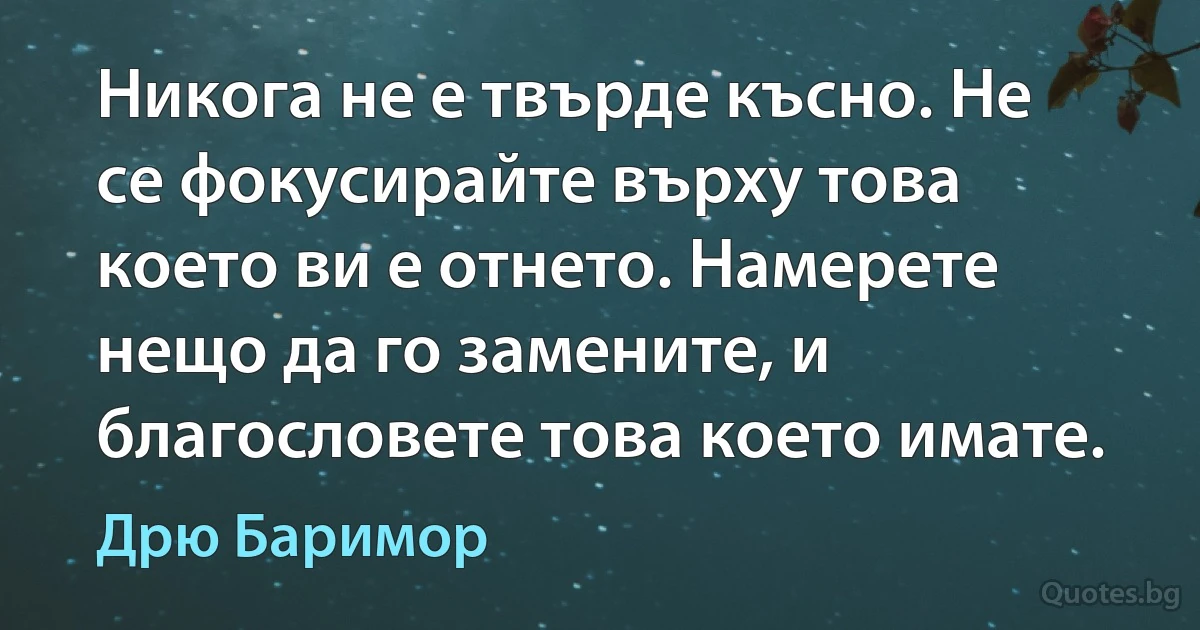 Никога не е твърде късно. Не се фокусирайте върху това което ви е отнето. Намерете нещо да го замените, и благословете това което имате. (Дрю Баримор)