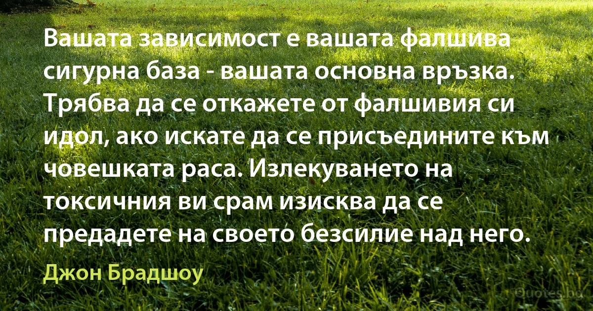 Вашата зависимост е вашата фалшива сигурна база - вашата основна връзка. Трябва да се откажете от фалшивия си идол, ако искате да се присъедините към човешката раса. Излекуването на токсичния ви срам изисква да се предадете на своето безсилие над него. (Джон Брадшоу)