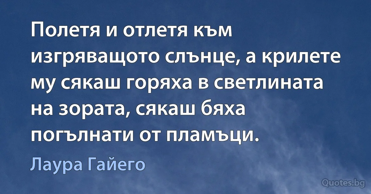 Полетя и отлетя към изгряващото слънце, а крилете му сякаш горяха в светлината на зората, сякаш бяха погълнати от пламъци. (Лаура Гайего)