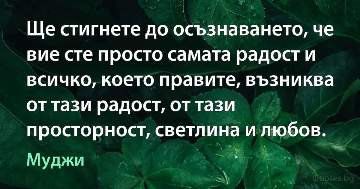 Ще стигнете до осъзнаването, че вие сте просто самата радост и всичко, което правите, възниква от тази радост, от тази просторност, светлина и любов. (Муджи)