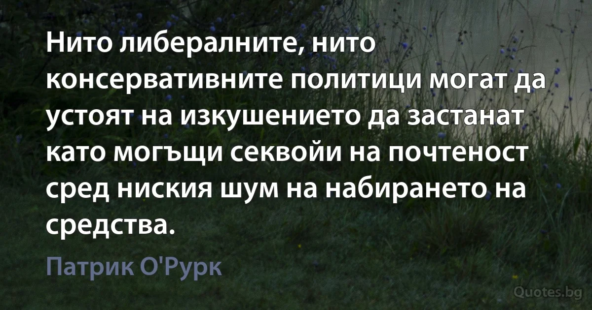 Нито либералните, нито консервативните политици могат да устоят на изкушението да застанат като могъщи секвойи на почтеност сред ниския шум на набирането на средства. (Патрик О'Рурк)