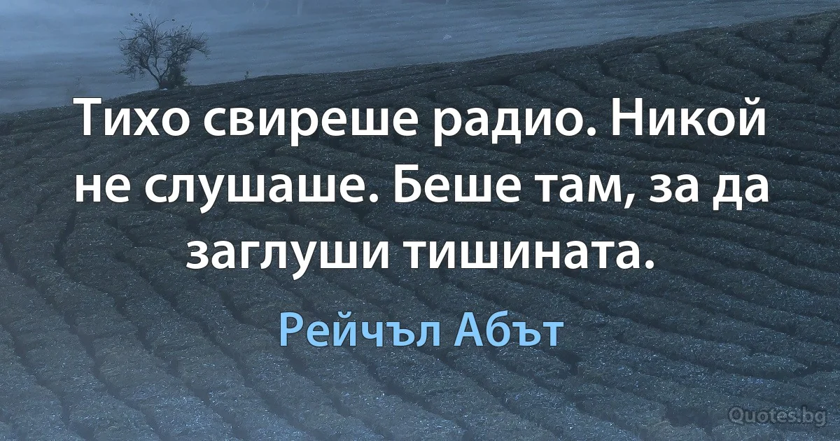 Тихо свиреше радио. Никой не слушаше. Беше там, за да заглуши тишината. (Рейчъл Абът)