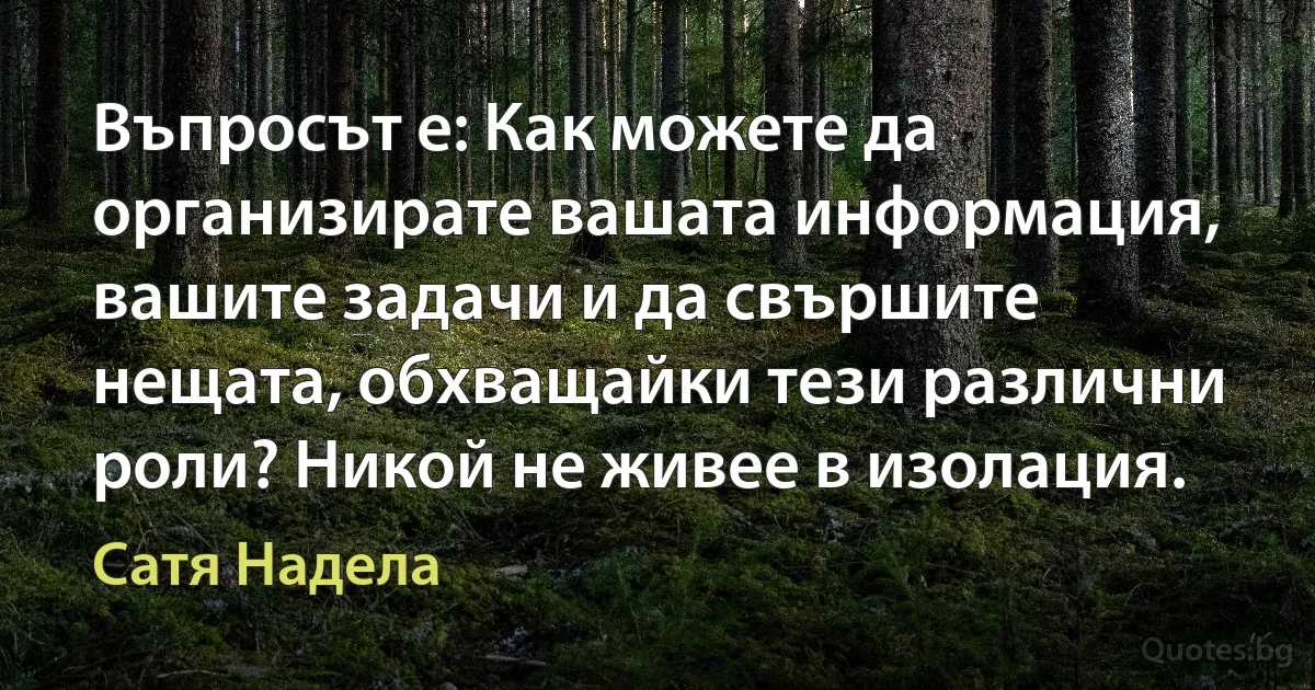 Въпросът е: Как можете да организирате вашата информация, вашите задачи и да свършите нещата, обхващайки тези различни роли? Никой не живее в изолация. (Сатя Надела)