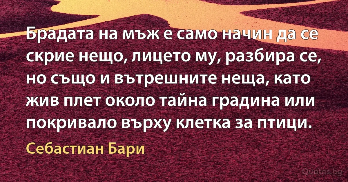 Брадата на мъж е само начин да се скрие нещо, лицето му, разбира се, но също и вътрешните неща, като жив плет около тайна градина или покривало върху клетка за птици. (Себастиан Бари)