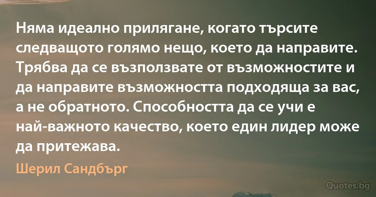 Няма идеално прилягане, когато търсите следващото голямо нещо, което да направите. Трябва да се възползвате от възможностите и да направите възможността подходяща за вас, а не обратното. Способността да се учи е най-важното качество, което един лидер може да притежава. (Шерил Сандбърг)